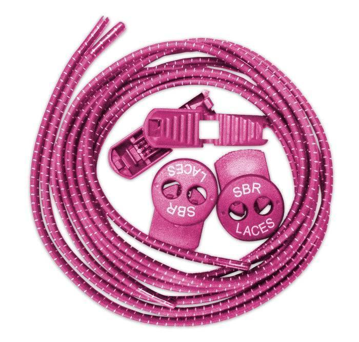 Pink elastic shoelaces with white reflective dots and plastic locking clips labeled SBR LACES
