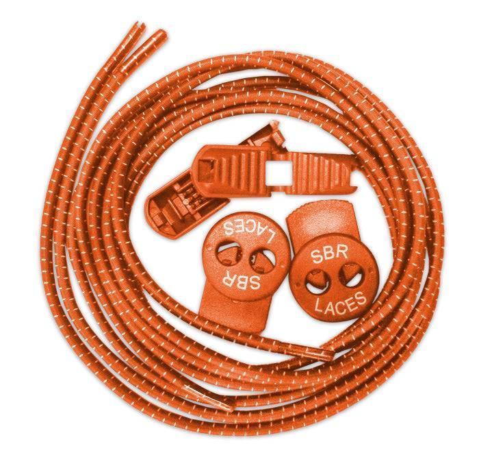 Orange elastic shoelaces with reflective details and SBR branded locking clips and toggles