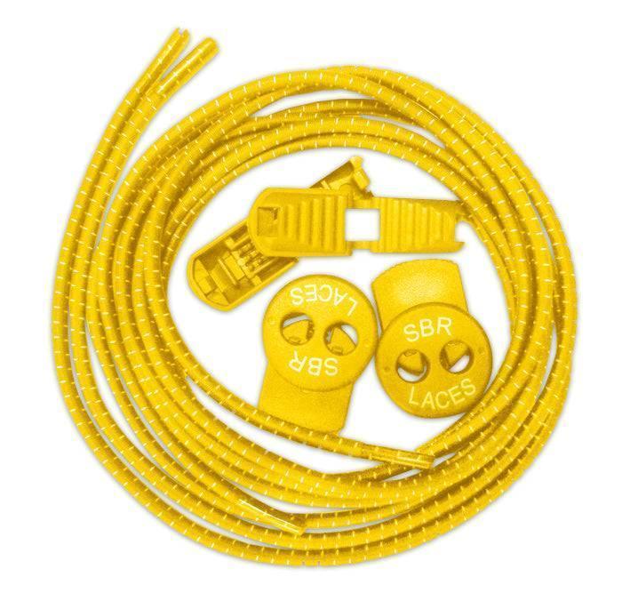Yellow elastic shoelaces with SBR branded locking clips and stoppers on white background