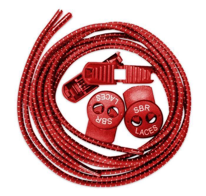 Red elastic shoelaces with SBR Laces branded locking clips and stoppers for adjustable fit