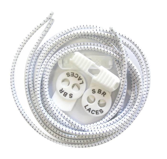 White elastic lock shoelaces with SBR branding for barefoot shoes at The Grounded Sole