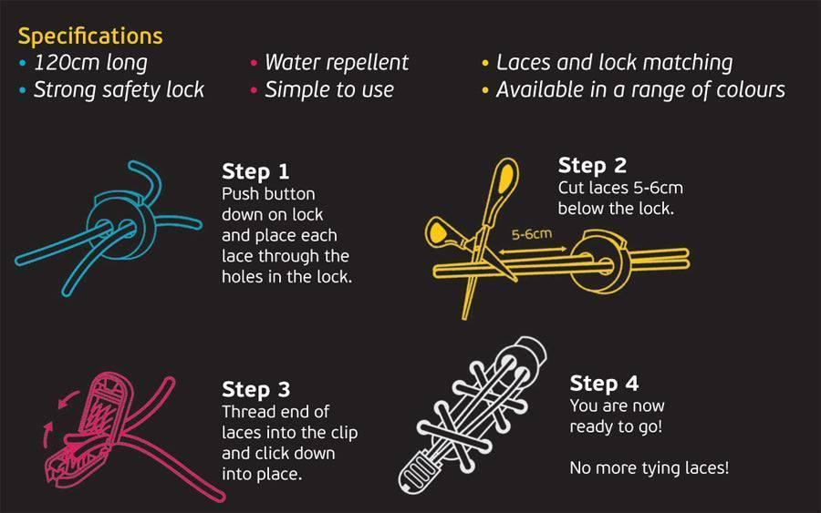 Instructional diagram for installing elastic lock shoelaces with safety lock, water repellent, 120cm long