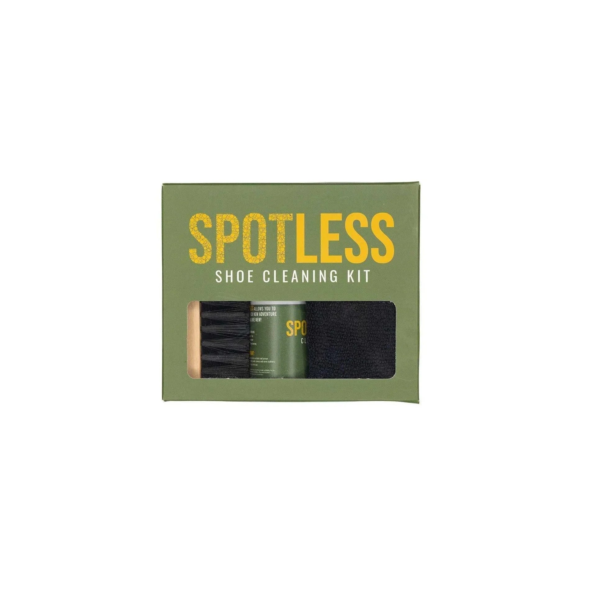 Spotless shoe cleaning kit with brush, cleaner bottle, and cloth in green packaging