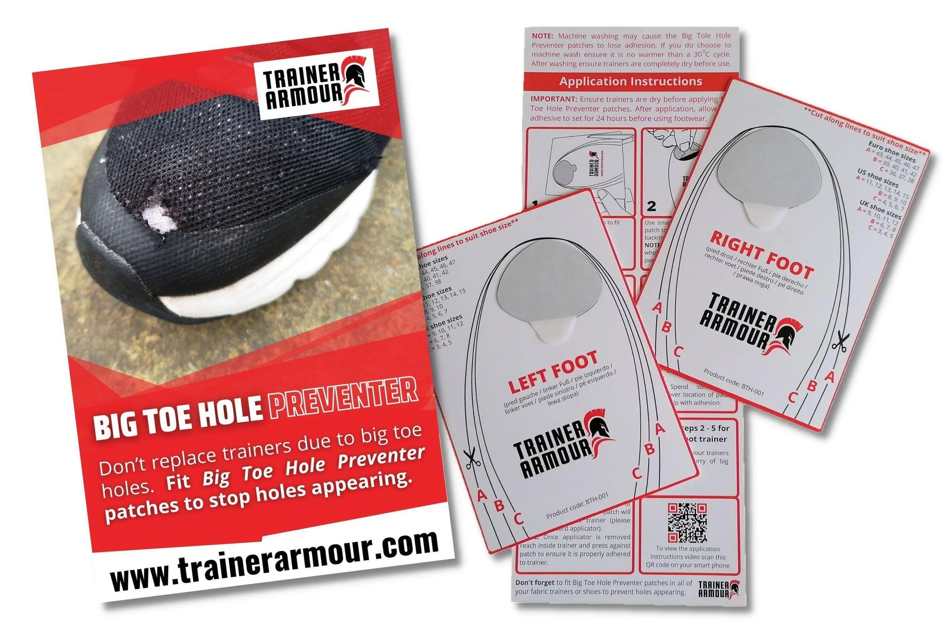 Trainer Armour toe patch repair kit for trainers with left and right foot protectors and instructions