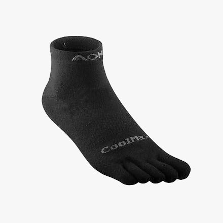 Black ankle-length toe socks with branded text on top, designed for comfort and fit