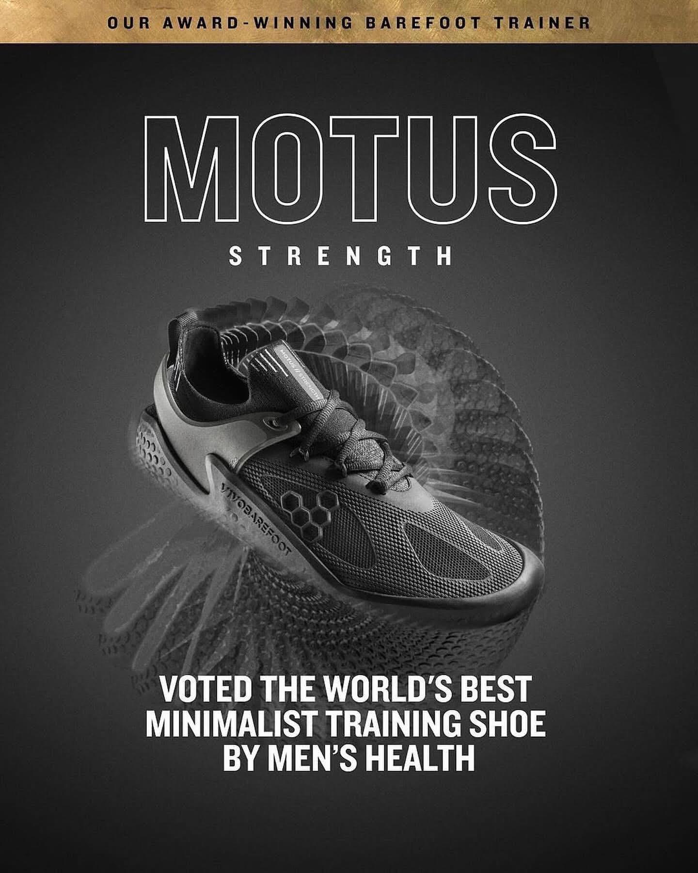 Motus Strength minimalist black training shoe with hexagonal logo and textured sole on dark background
